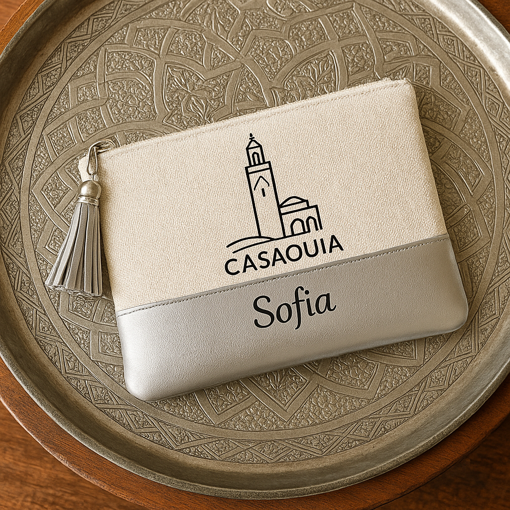 Pochette casaouia argenté personnalisée avec prénom Sofia et pompon argenté.