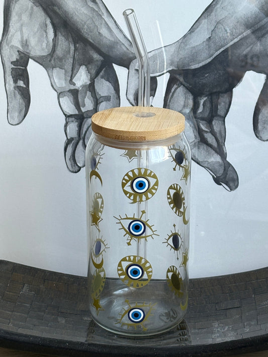 Gobelet en verre avec couvercle en bambou et paille réutilisable, motif œil protecteur