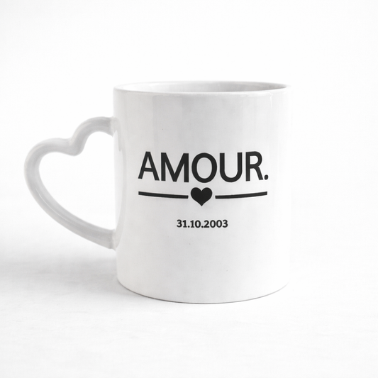 Tasse personnalisée couple – “Amour” avec prénoms et date