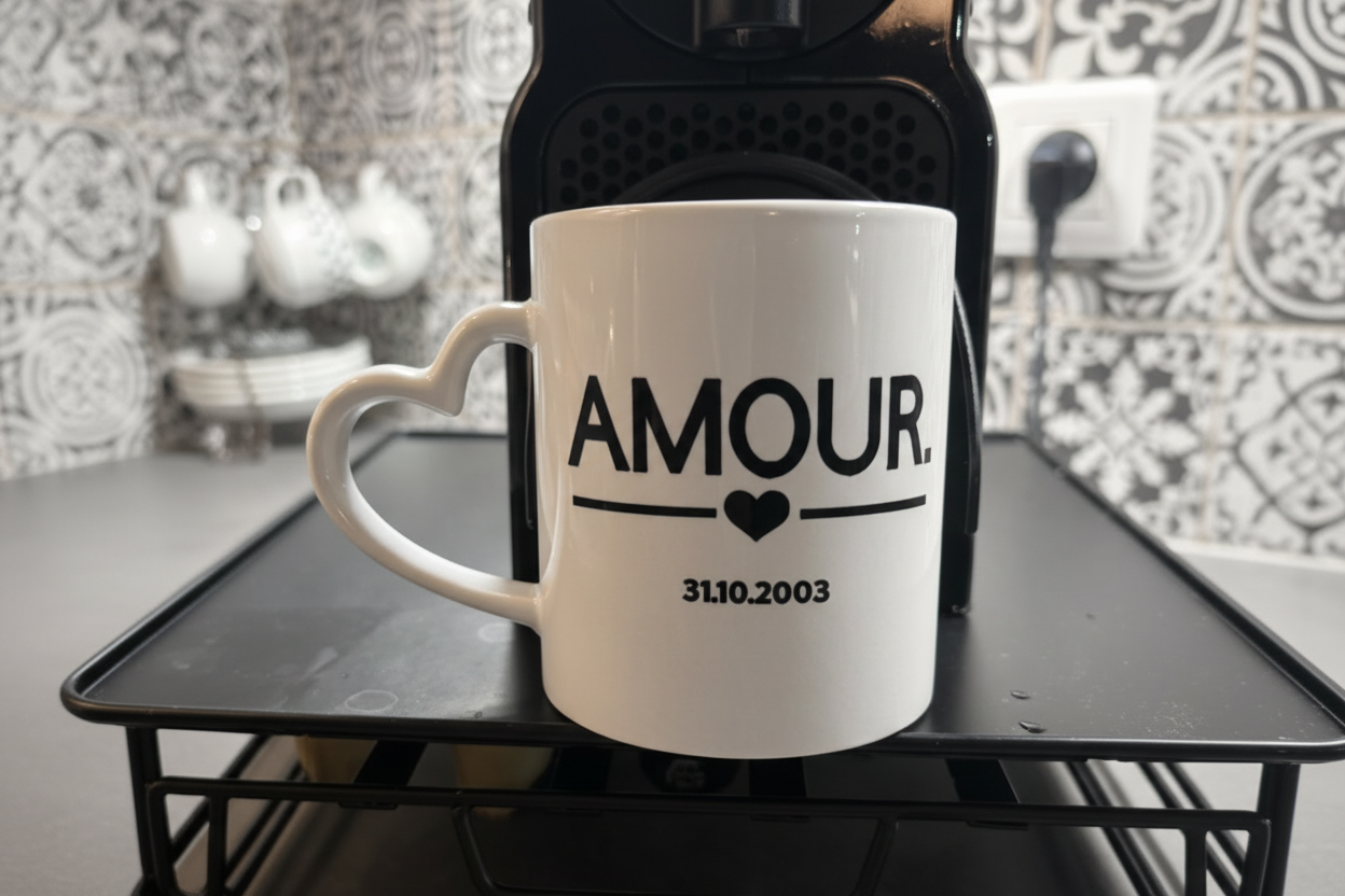 Tasse personnalisée couple – “Amour” avec prénoms et date