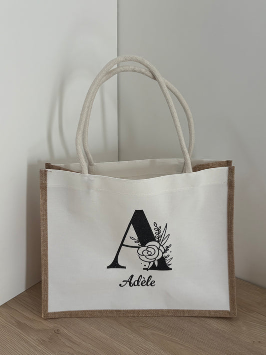Cabas en lin blanc personnalisé avec prénom – Cadeau femme, maîtresse ou amie
