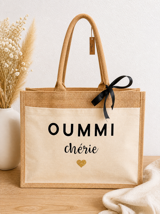 Cabas personnalisé Oummi chérie en toile de jute sac cadeau pour maman