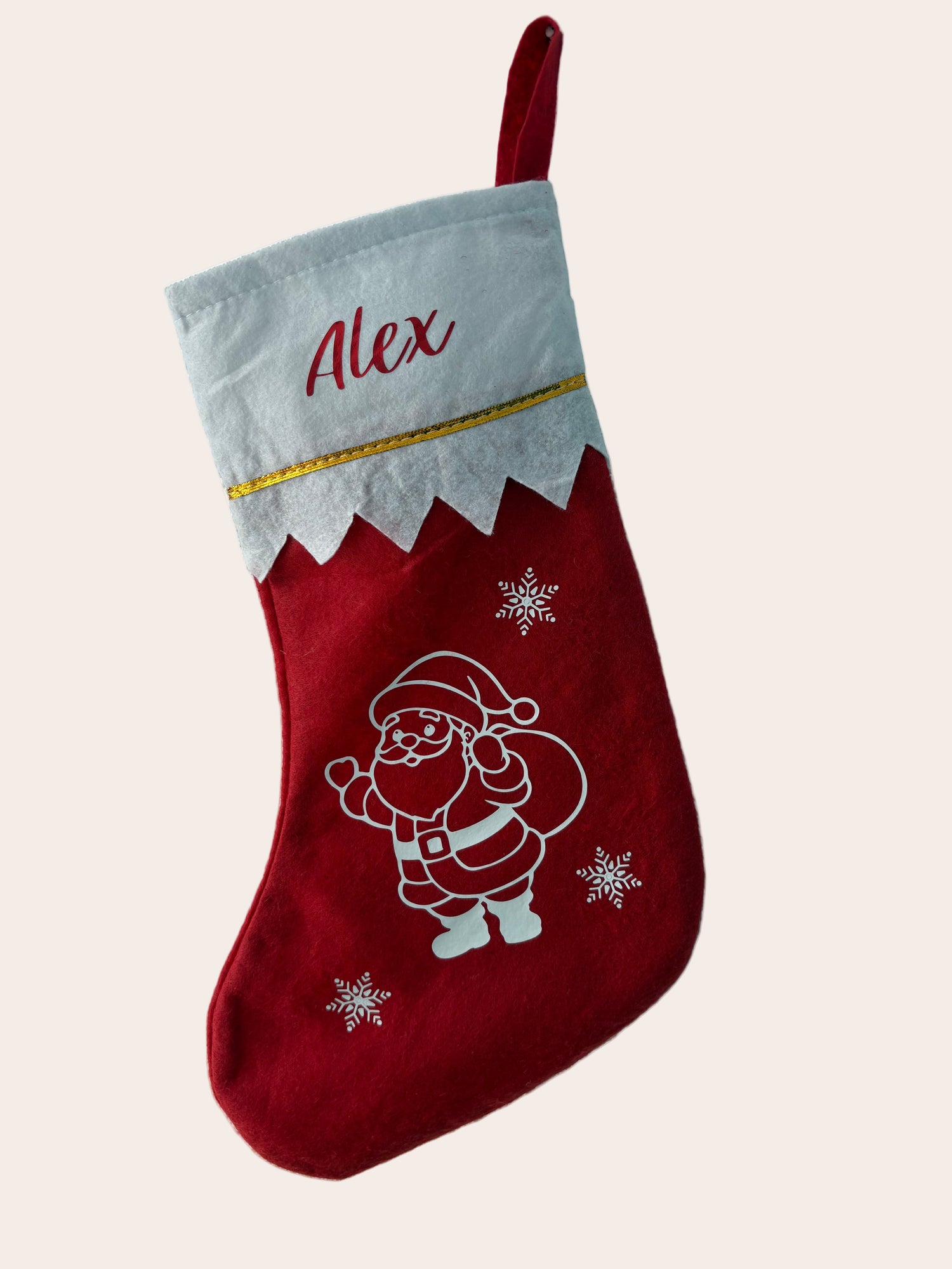Chaussette de Noël en feutrine rouge avec motif Père Noël et flocons