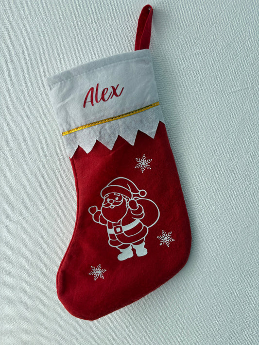 Chaussette de Noël en feutrine rouge avec motif Père Noël et flocons