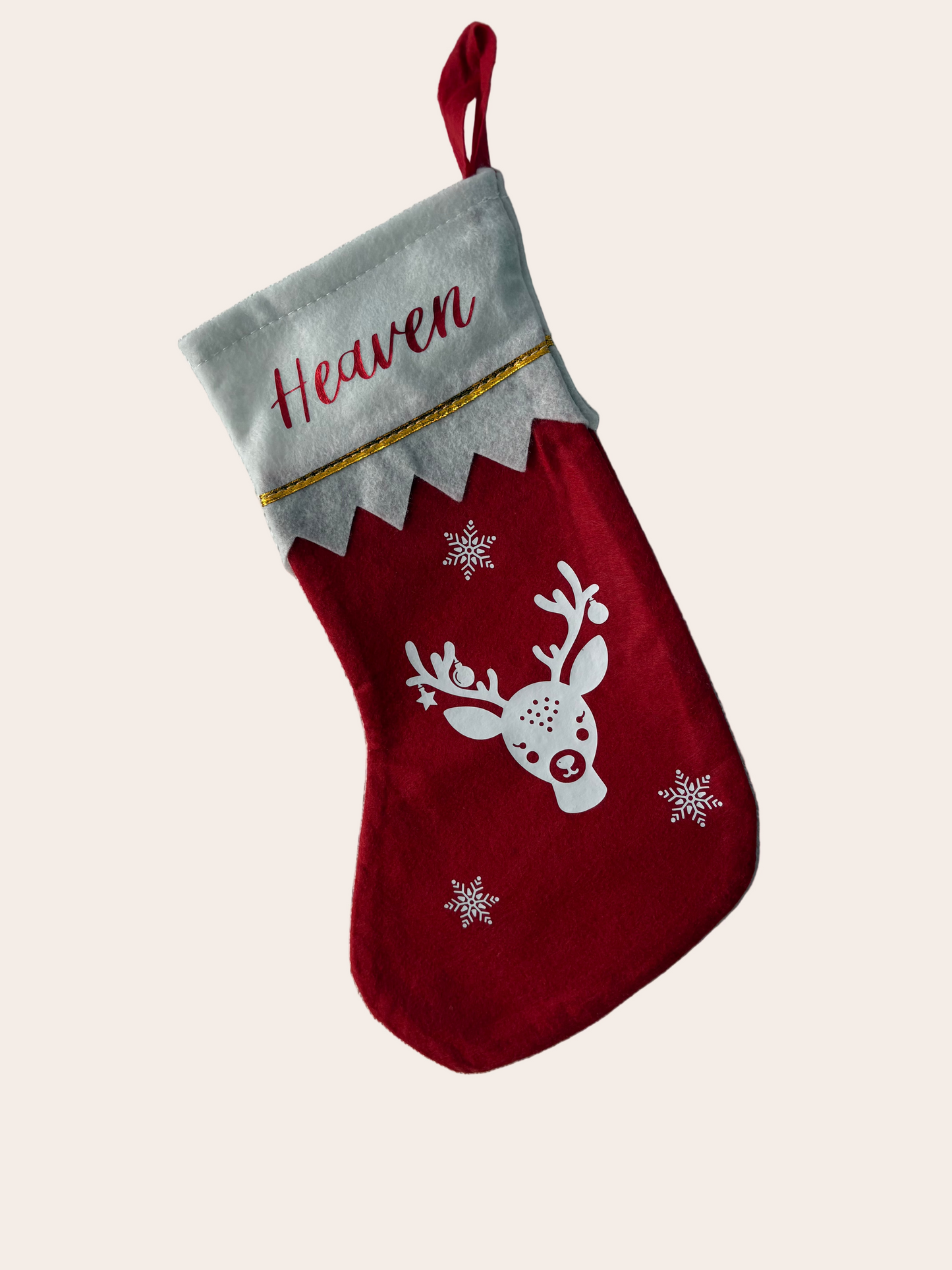Chaussette de Noël en feutrine rouge avec motif Renne et flocons