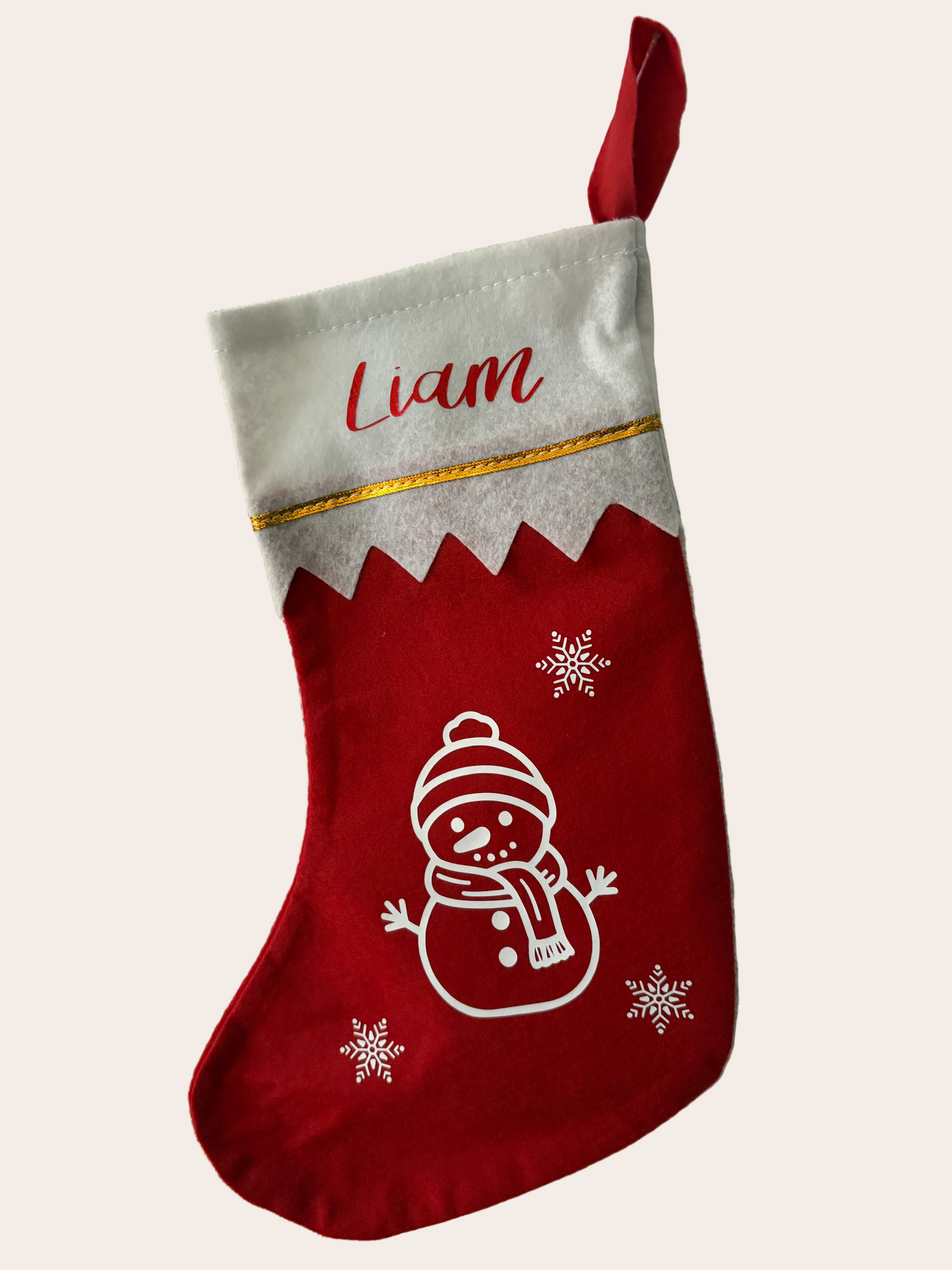 Chaussette de Noël en feutrine rouge avec motif Bonhomme de Neige et flocons