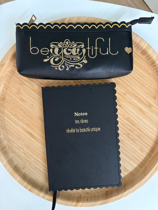 Ensemble trousse en simili cuir noir et carnet noir personnalisables LS PERSONNALISATION