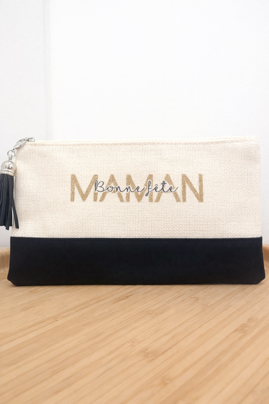Pochette cadeau personnalisée Bonne fête Maman en toile de jute et noir