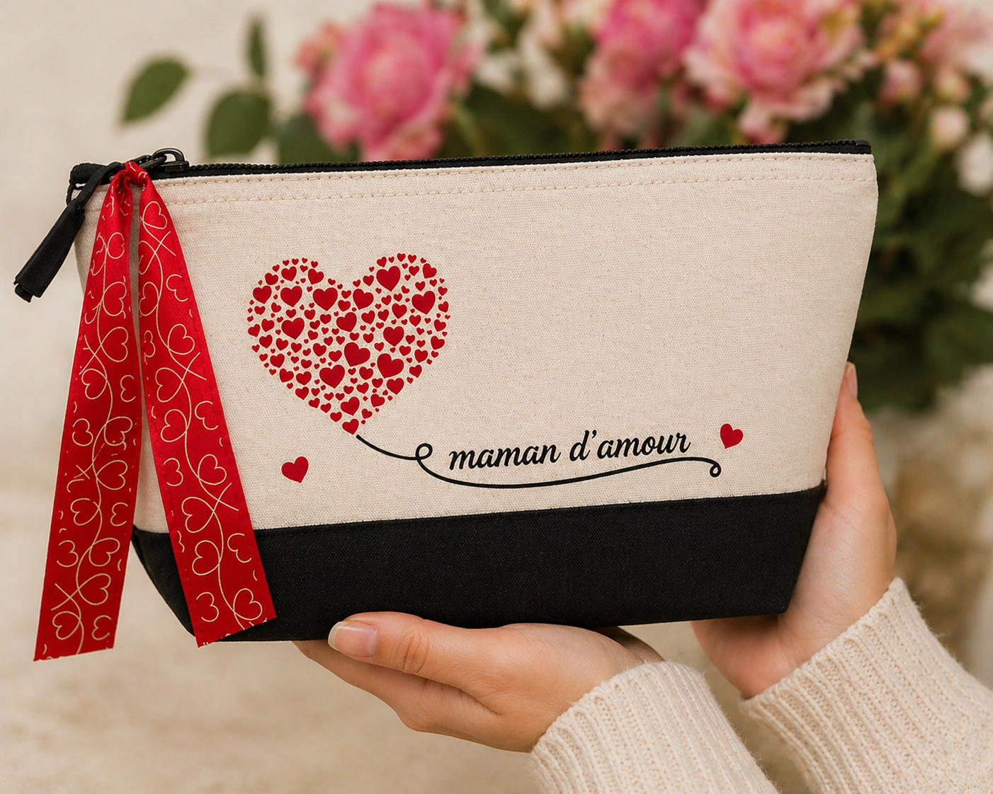 Pochette maman d’amour tenue en main idée cadeau fête des mères personnalisée