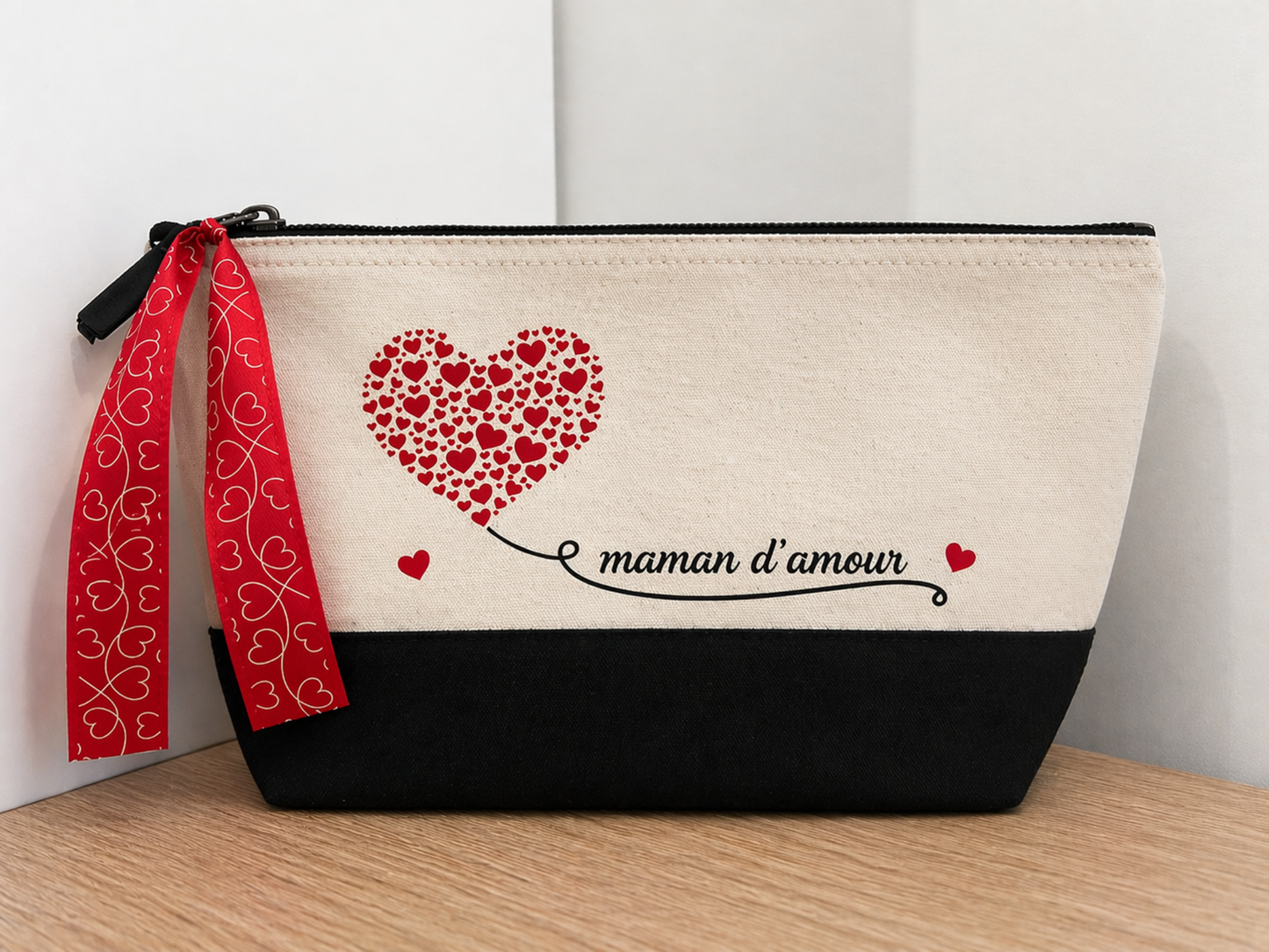 Pochette personnalisée maman d’amour cadeau fête des mères en toile beige et noire