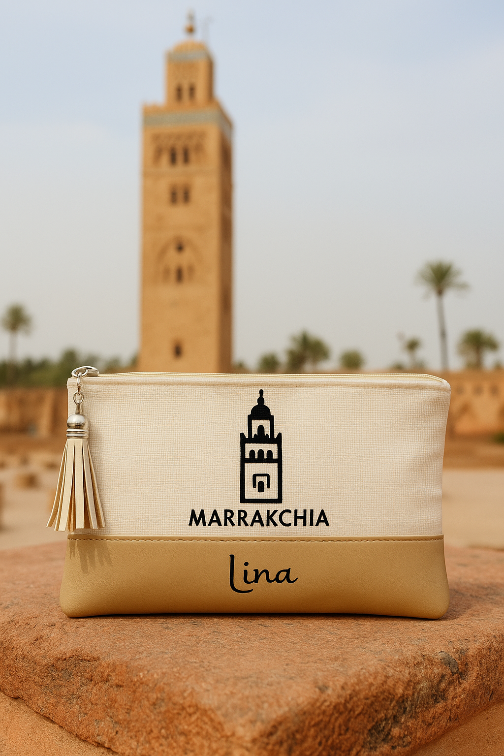 Pochette Marrakchia personnalisée posée devant la Koutoubia à Marrakech, avec prénom Lina et pompon doré.