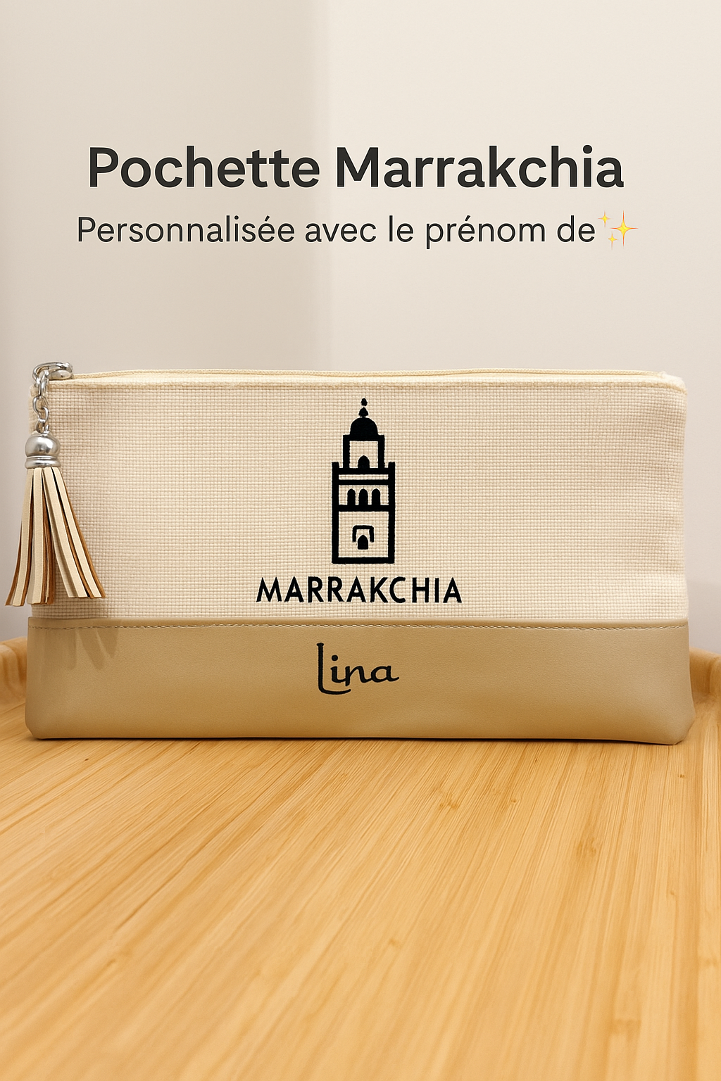 Pochette Marrakchia personnalisée avec prénom, motif Koutoubia, modèle doré.