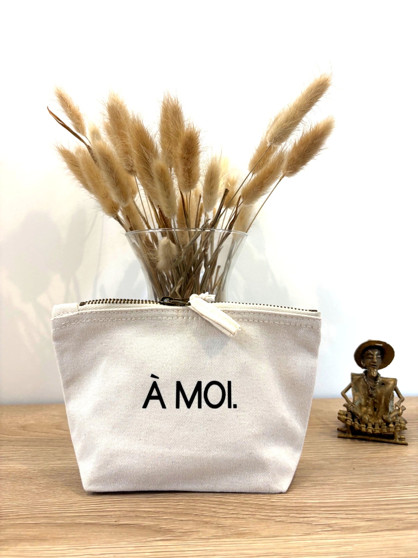Pochette personnalisée en coton avec texte noir et fermeture vintage