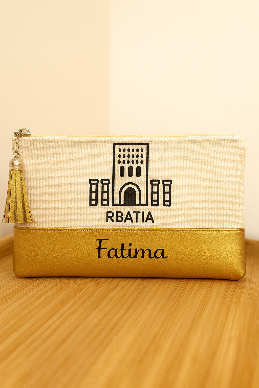 Pochette rbatia personnalisée posée devant la Tour Hassan à Rabat, avec prénom Fatima et pompon doré.