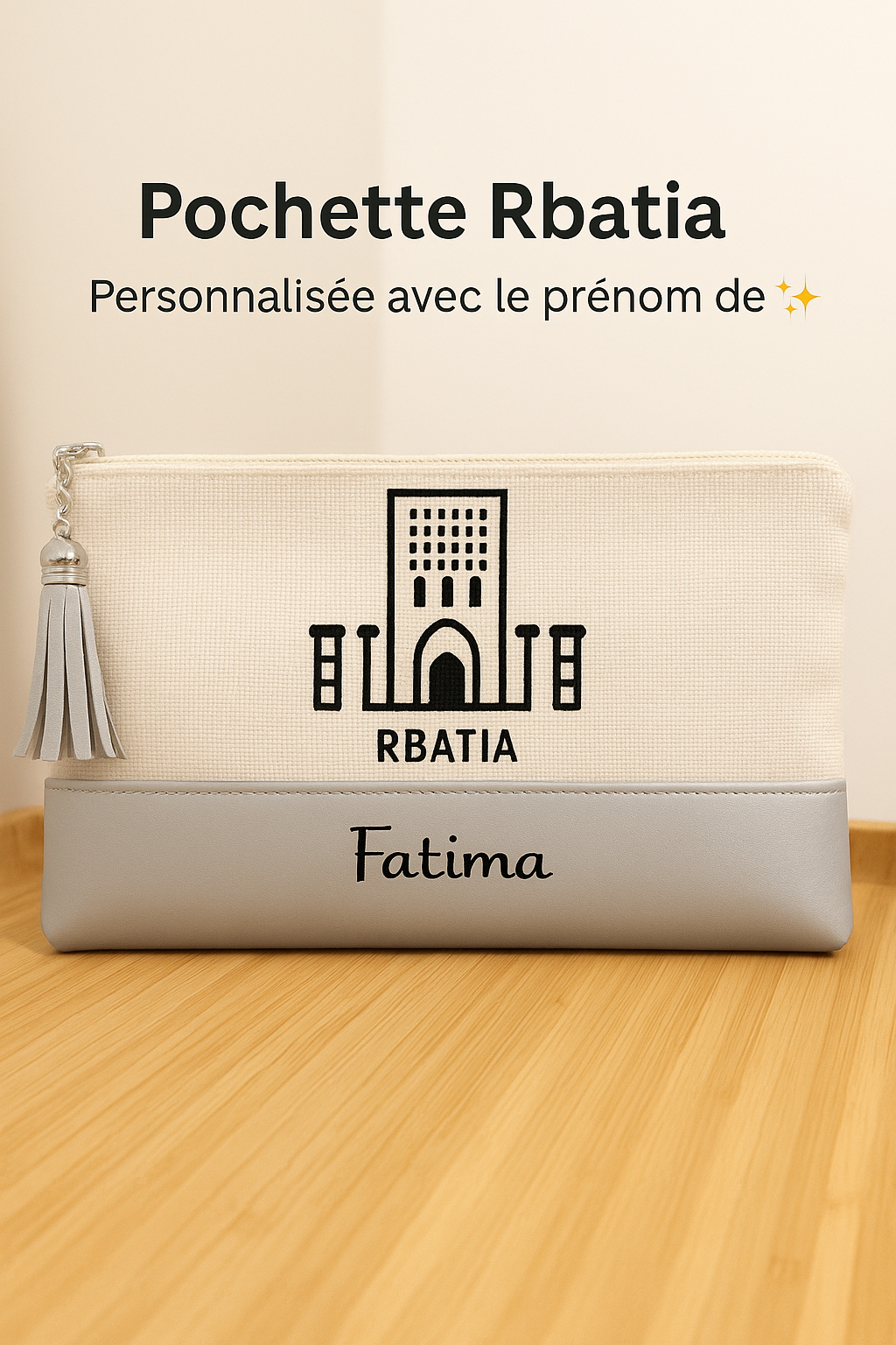 Pochette Rbatia personnalisée avec prénom, motif Tour Hassan, modèle argenté.