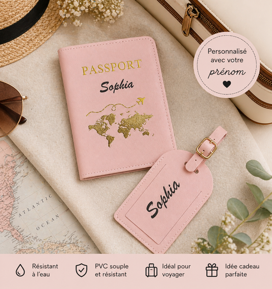 Protège passeport personnalisé avec prénom et étiquette bagage assortie rose avec carte du monde dorée