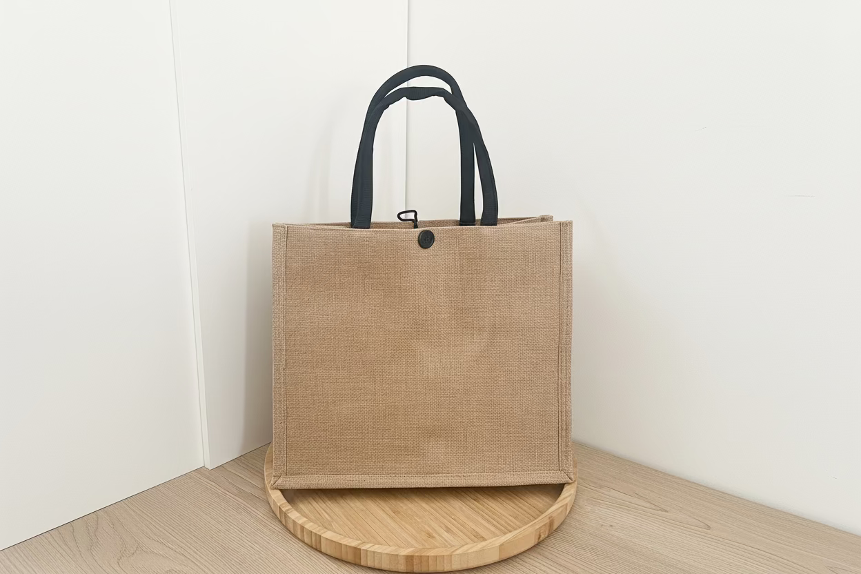 Sac cabas en toile de jute naturel vu de face avec anses noires