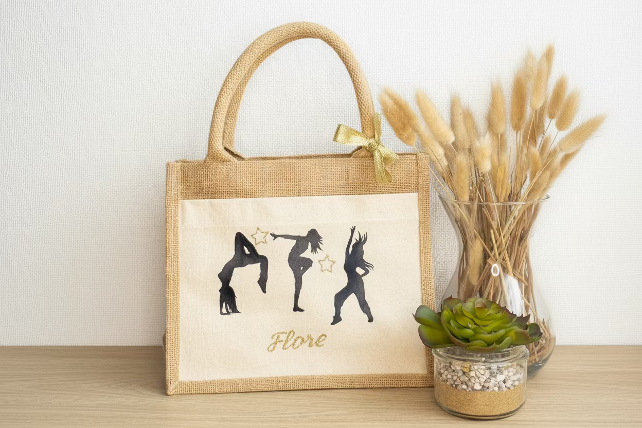 Sac cabas en toile de jute personnalisé avec silhouettes de danse, prénom Flore et décoration naturelle