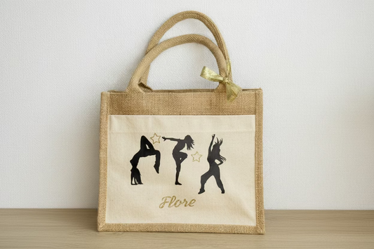 Sac cabas en toile de jute personnalisé avec silhouettes de danse et prénom Flore