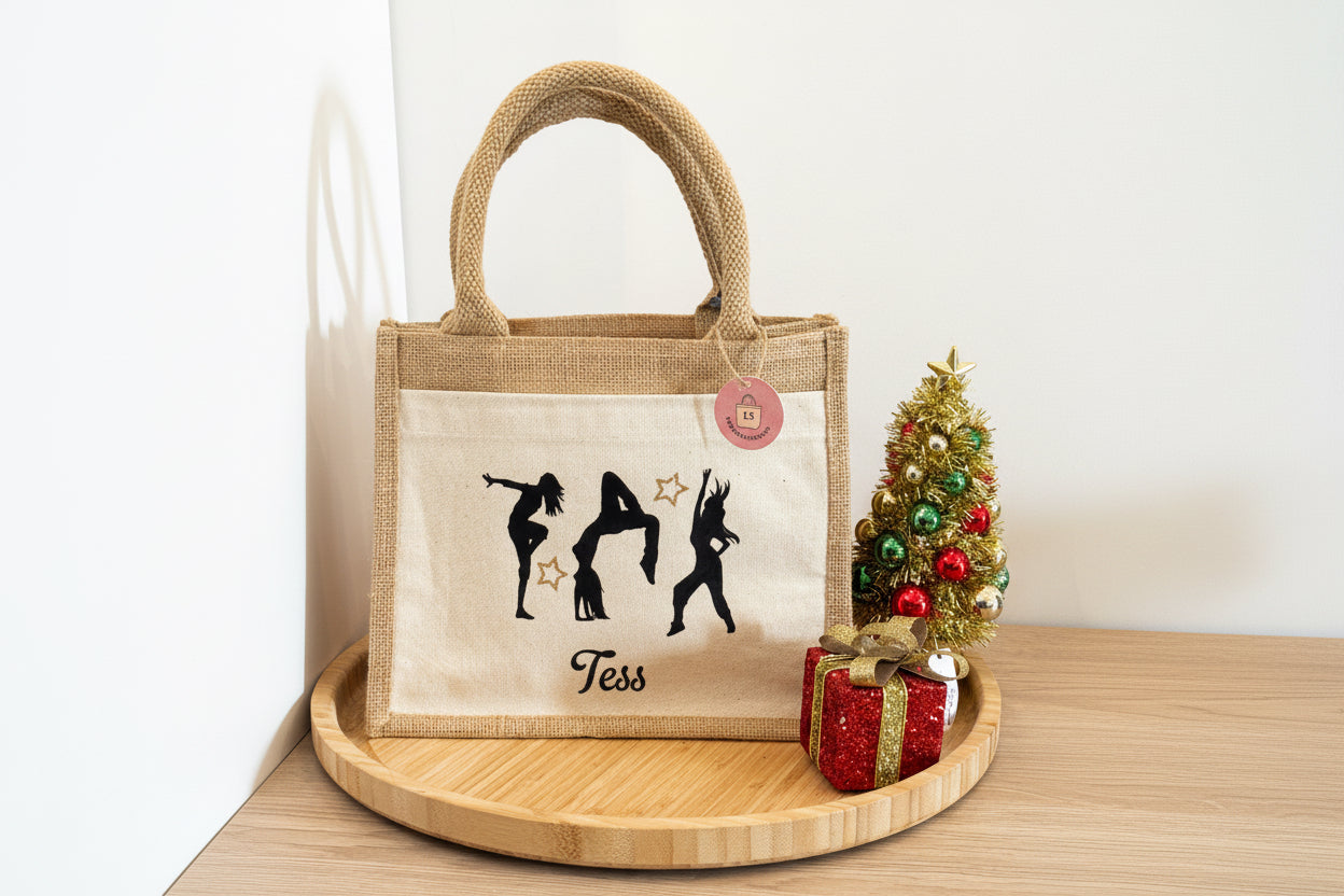 Sac cabas en toile de jute personnalisé avec silhouettes de danse, prénom Tess et décoration de Noël