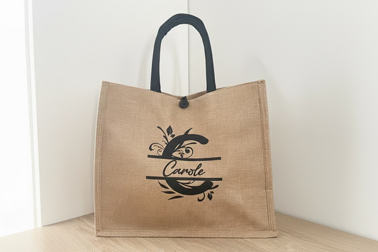 Sac cabas en toile de jute personnalisé avec monogramme et prénom Carole