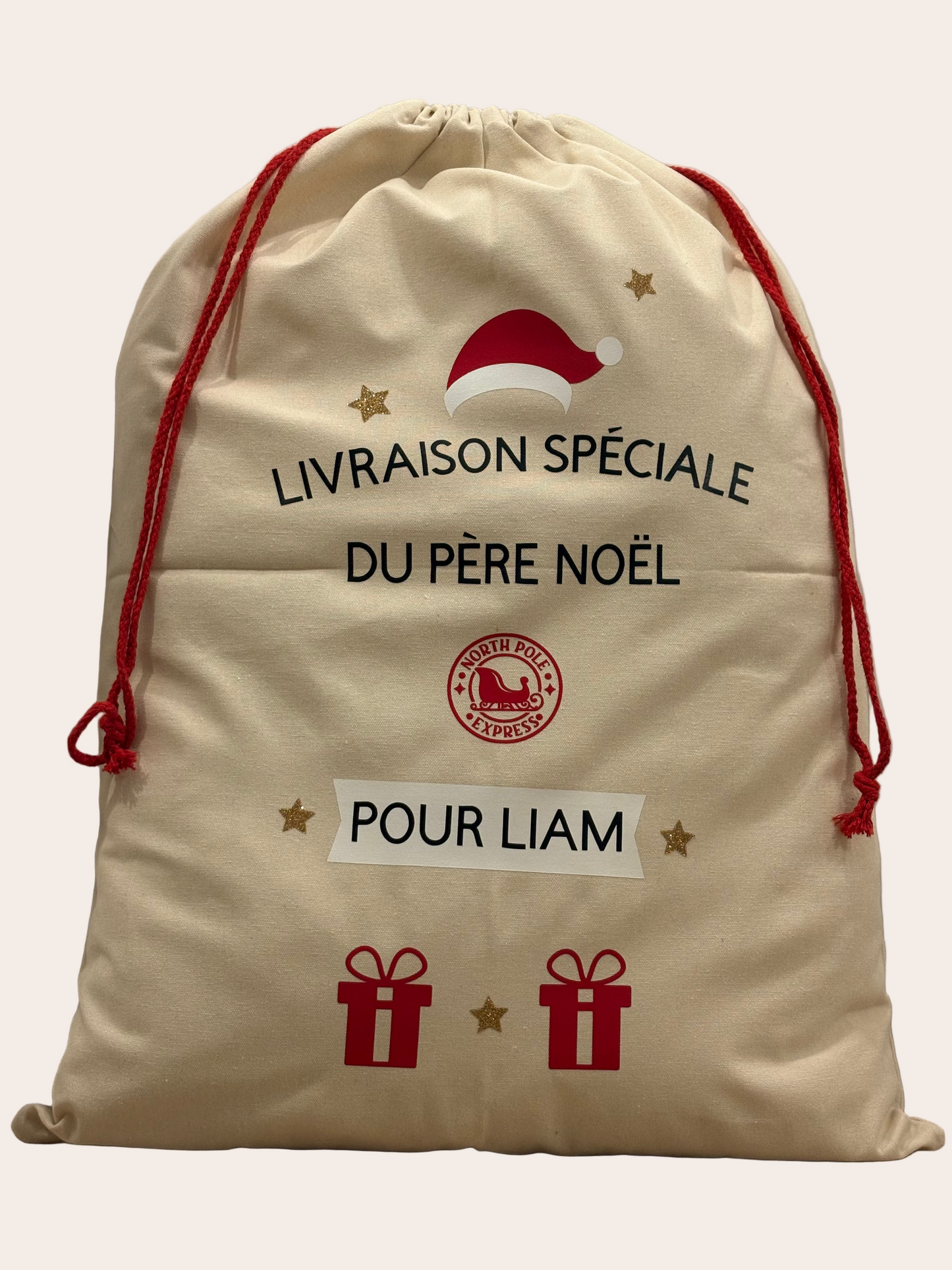 Grand sac de Noël personnalisé en toile naturelle avec prénom, 49x69 cm, sac du Père Noël pour cadeaux sous le sapin