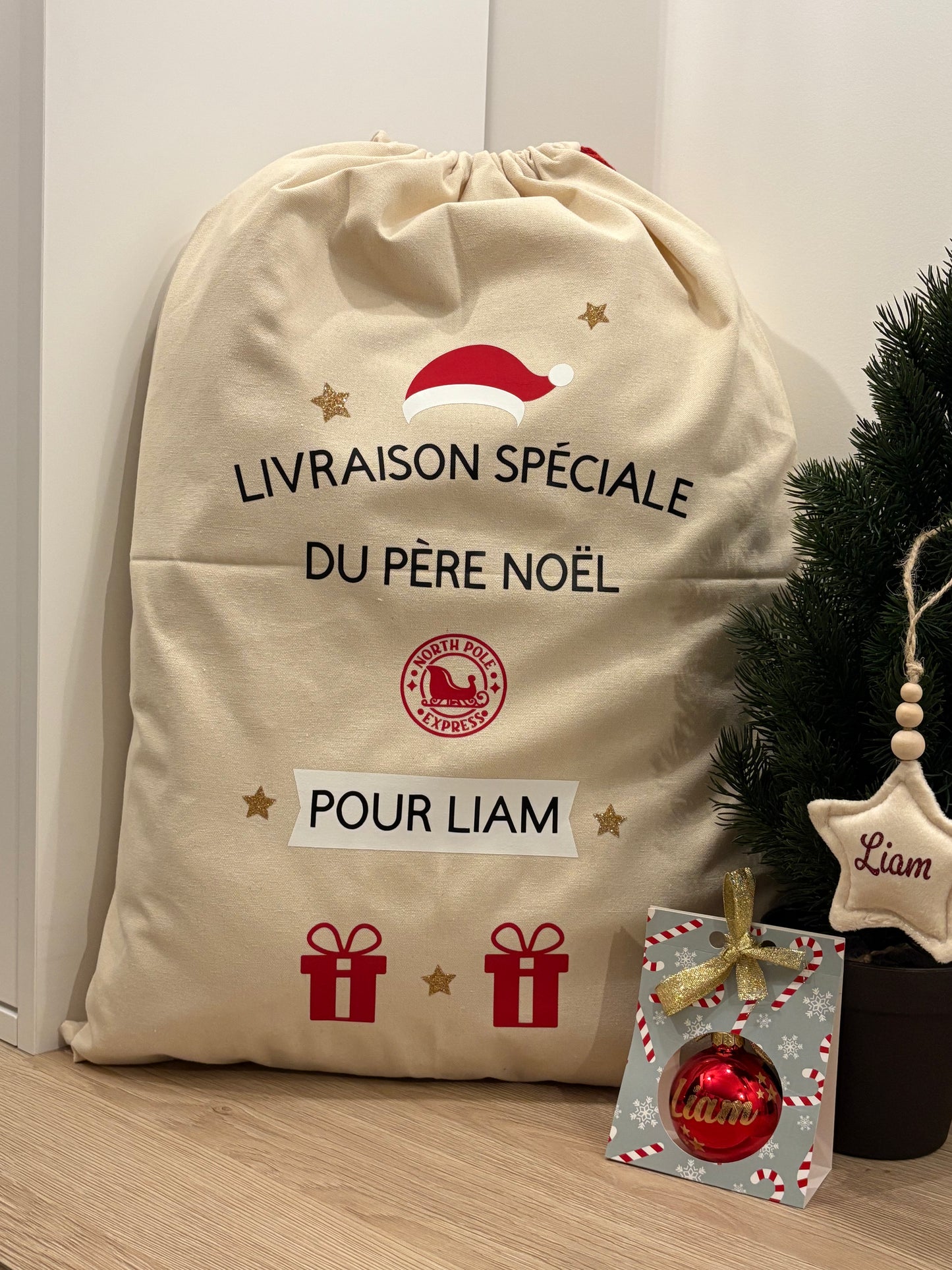 Grand Sac de Livraison du Pôle Nord personnalisé – Toile naturelle avec prénom 🎅 | Livraison offerte