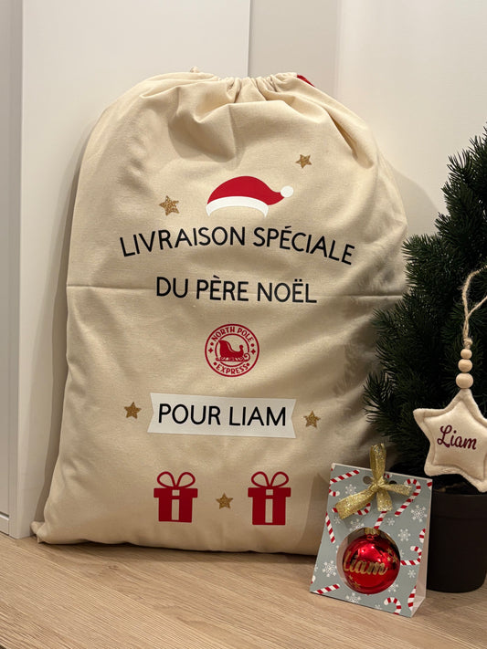 Grand Sac de Livraison du Pôle Nord personnalisé – Toile naturelle avec prénom 🎅 | Livraison offerte