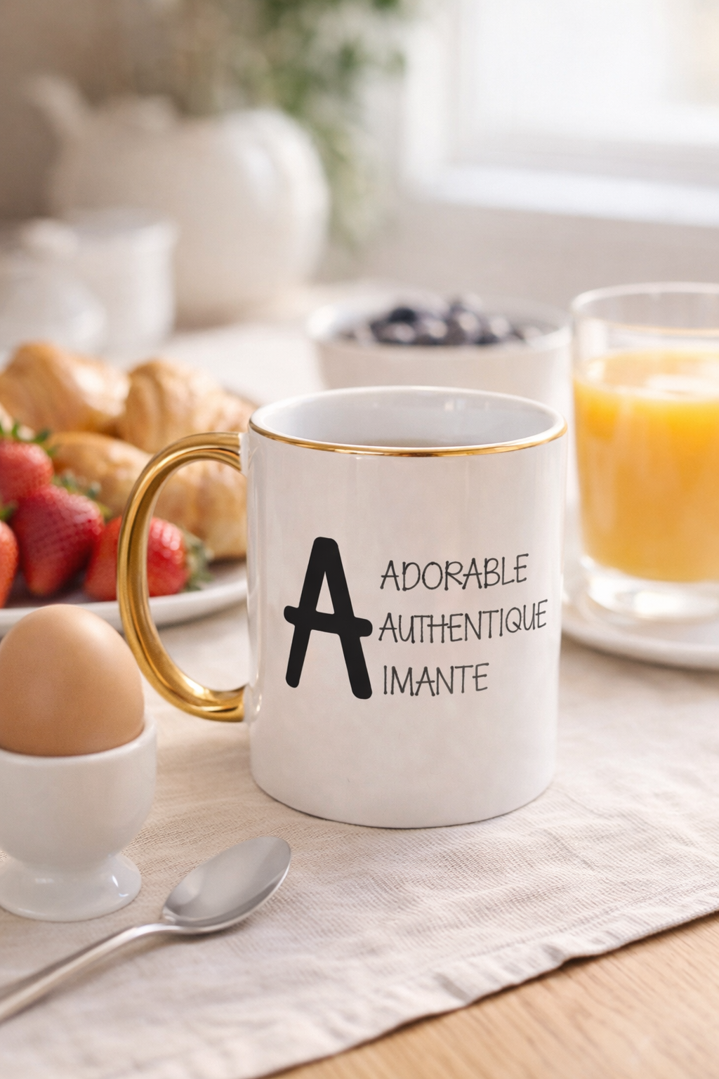 Tasse personnalisée initiale et adjectifs en situation petit-déjeuner